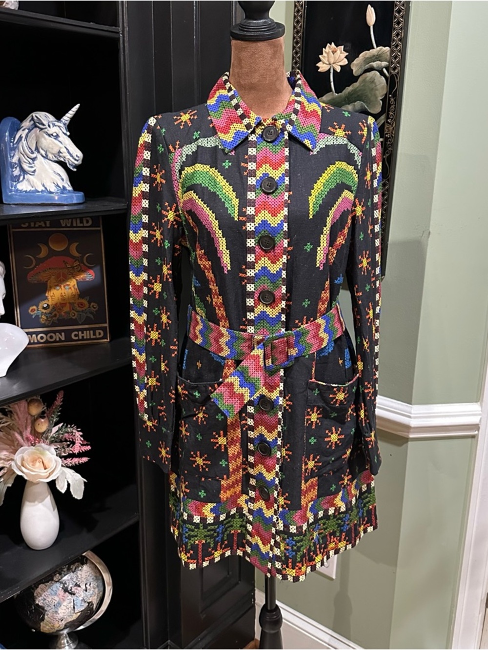 FARM Rio Macaw Night Long Sleeve Linen‑Blend Mini Dress – Size Small